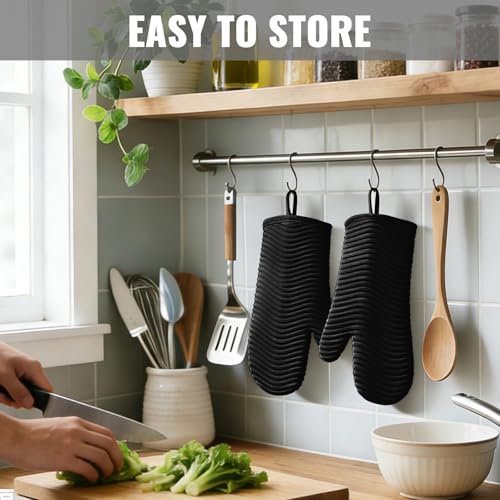 Silicone Oven Mitts (2PCS-12"L x 7"W/BLACK-WAVE SURFACE)