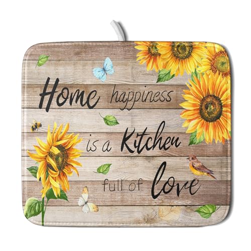 Sunflower Floral Dish Drying Mat for Kitchen Countertop 16x18 inch Rustic Wood Washable Microfiber Absorbent Dishes Drainer Rack Pad (Sunflower Wood Home / 16" x 18")