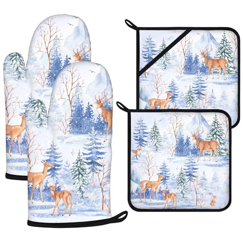 Deer in Snow Oven Mitts and Pot Holders Sets 4Pcs (Deers)