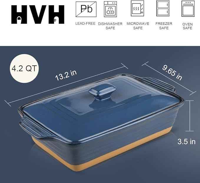 HVH Ceramic Casserole Dish with Lid Oven Safe, 3.5 Quart Large Casserole Dish, Covered Rectangular Casserole Dish Set, 9x13 Casserole Dish, Baking Dishes for Casseroles, Farmhouse Style (Blue)