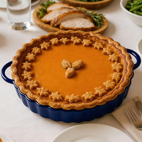 10×2in Deep Ceramic Pie Pan with Handles for Pie Quiche Tart Baking. Easy to grip (Blue / 10IN*2IN)