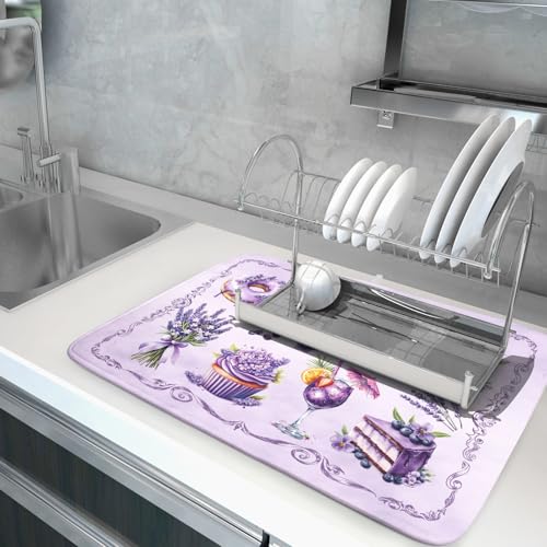 Purple Coffee Matt for Counter Sweet Dish Drying Mats for Dessert Lover Large Size Absorbent 18 X 24 In (Dreamy Dessert Purple / 24" x 18")