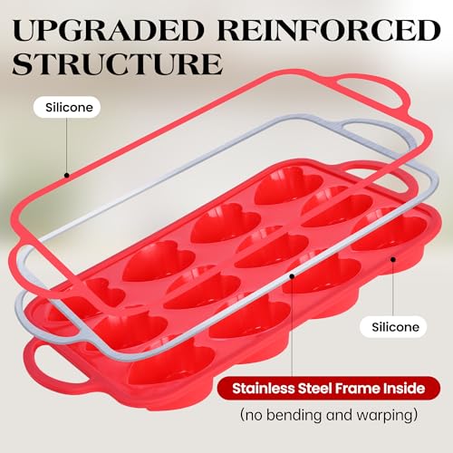 12 Cup Heart Shaped Silicone Muffin Pan for Baking with Metal Frame (Red / 12-Cup Heart)