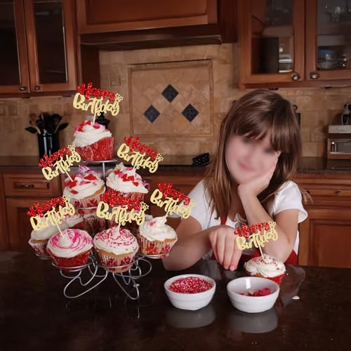 24Pcs Happy Birthday Cupcake Toppers Double Layer Glitter Happy Birthday Cake Decorations for Christmas Theme Baby Shower Anniversary Party Decorations Supplies Red Gold (Style 1 / Red Gold)