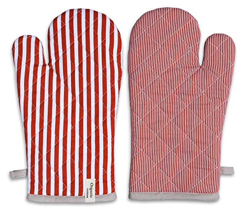 Striped Pot Holders and Oven Mitts Heat Resistant Non Slip Reusable Set of 1 Oven Mitt and 1 Pot Holder Oven Gloves Pot Holder for Cooking (7x13 inches & 8x8 inches / Stripe Rust)