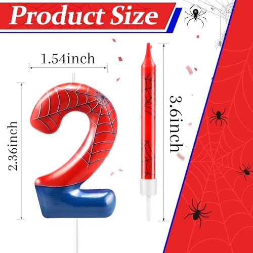 13 Pcs Spider Themed Birthday Candle Set Red Spider Theme Number 2 Candle Cake Topper for Boys Girls Birthday Decoration Spider Party Decoration Supplies (13 Count)