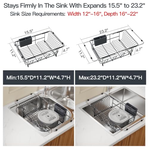 Grey Expandable Dish Drying Rack Over Sink with Anti (Gray / For 11.5"-16" W Sink with Cup Holder)