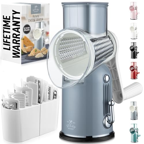 Rotary Cheese Grater Manual Hand Crank 5 Blade Shredder (5 Blades / Classic | Gray)