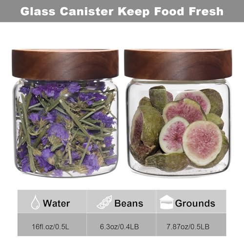16 oz Glass Jars with Acacia Wood Airtight Lids Spice Jar Herb Storage Canister with Wooden Lid Clear Glass Food Jar for Sugar Pantry Tea Coffee Bean Spice Cookies (500ml/16oz-2pack)