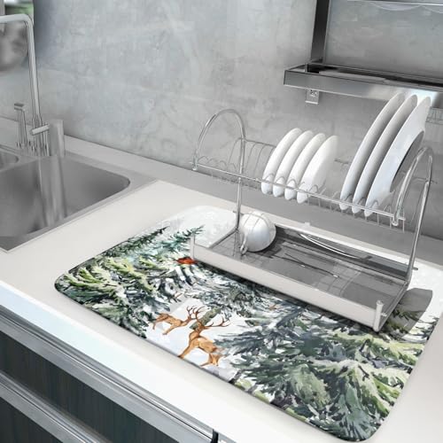 Pine Tree Dish Drying Mat for Kitchen Counter 18x24 Inch Forest Deer Absorbent Dishes Drainer Mats Reversible Microfiber Quick Dry Rack Pad (Pine Tree Deer / 18" x 24")