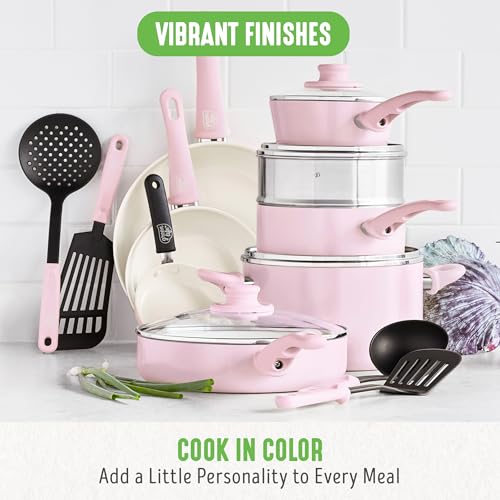Soft Grip Healthy Ceramic Nonstick 18 Piece Kitchen Cookware Pots and Frying Sauce Saute Pans Set (18 Piece Cookware Set / Soft Pink)