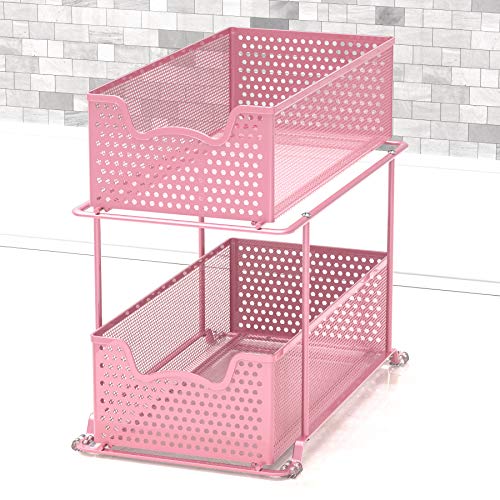 2 Tier Sliding Cabinet Basket Organizer Drawer (Pink / 1-Pack)
