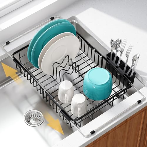 Black Dish Drying Rack Over the Sink with Utensil Holder (Black / For 12.5"-30"w Sink, Expandable)