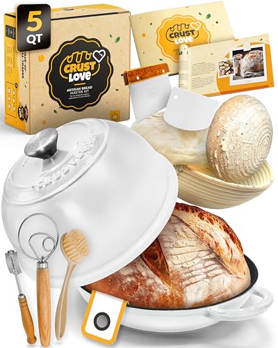 5 QT Enameled Dutch Oven for Bread Baking with Lid & Starter Kit (White / 5QT Dome)