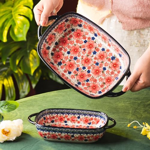 Baking Dish Ceramic Baking Pan Blue Casserole Dish Porcelain rectangular Baking Set 2pcs Bakeware Sets single serving size Lasagna Pan Baking Dishes for oven (Plum flower)