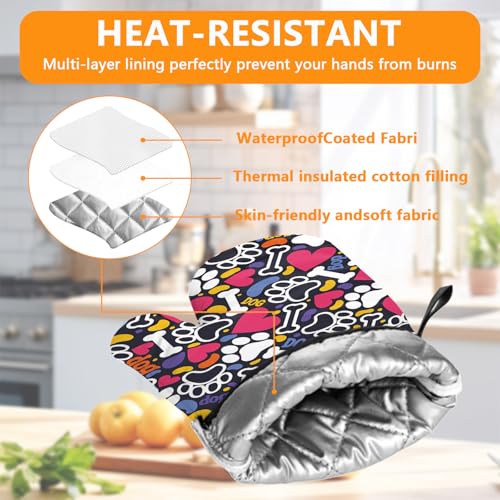 Paw Prints Oven Mitts and Bones Hearts Pot Holders Sets 4Pcs (Paw Prints)
