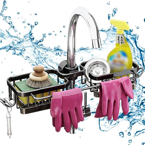 Kitchen Sink Faucet Organizer Multifunction Sponge Holder Organizer Sink Drain Holder Over Faucet Kitchen Sink Caddy with Hook Adjustable for 0.7 (Large / Black)