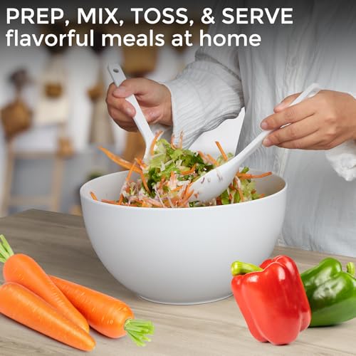 10” Bamboo Fiber Large Salad Serving Bowl Set with Wooden Lid & Servers (9.84 inch / Matte White)