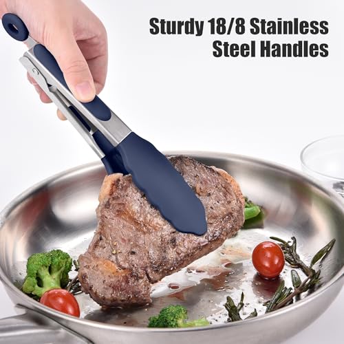 Kitchen Tongs with Silicone Tips for Cooking Serving (7in / Navy Blue)