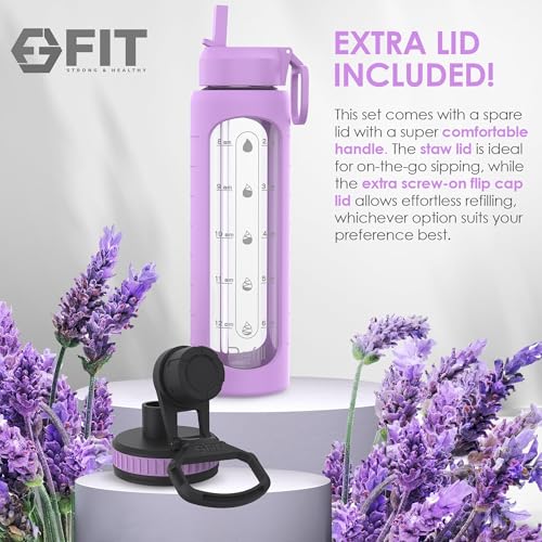 32oz Glass Water Bottle with Straw Lid & Time Marker (Lavender Sleeve)