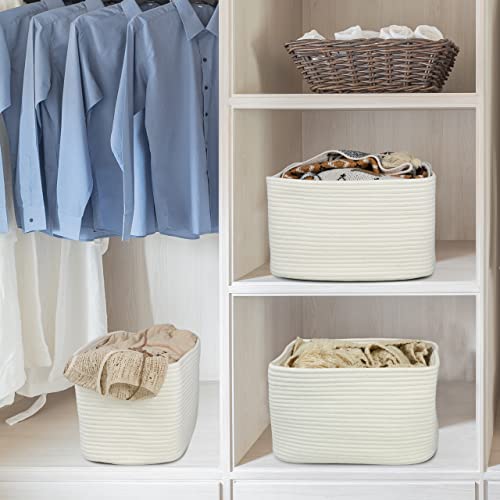 Woven Cotton Rope Storage Baskets 15x10x9.3" 3 Pack White (White)