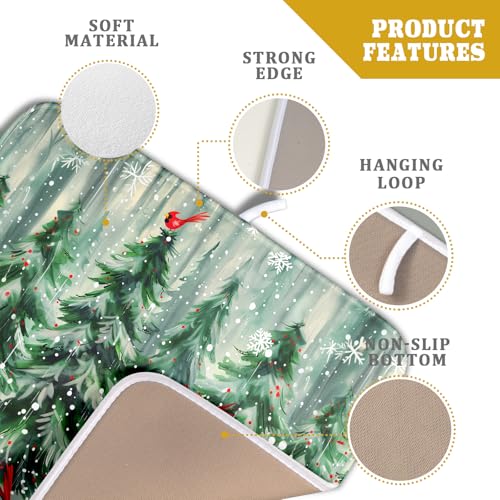 Winter Pine Tree Dish Drying Mat Red Bird Berry Dishes Drainer Mats Absorbent Microfiber Kitchen Counter Protector Drying Mats 16x18 Inch (Winter Pine Tree / 16" x 18")