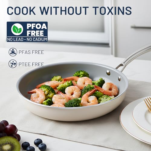 Ceramic Nonstick Frying Pans with Lids (Cream & Grey / 3 Pack with Lids)