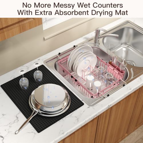 Pink Expandable Dish Drying Rack Over Sink with Extra Drying Mat (Pink / For 13"-30" W Sink with Mat)