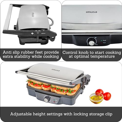 Stainless Steel Panini Press Electric with Adjustable Temperature Settings and Nonstick Plates (12 x 10 inches (Pack of 1) / Nonstick)