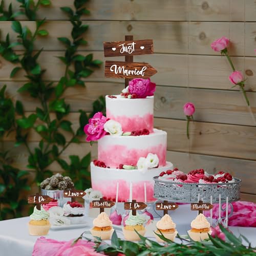 Rustic Wedding Cake Decoration Set Just Married Cake Topper & 12 PCS Wedding Cupcake Toppers in Wood (Set)