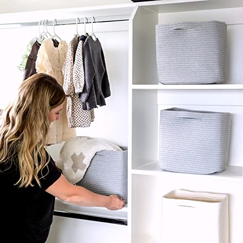 Storage Cubes 11 Inch Cotton Rope Woven Baskets for Organizing (Gray)