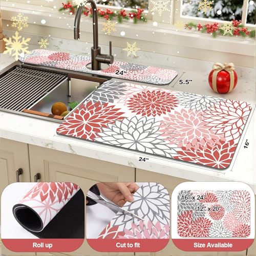 2Pcs Floral Christmas Dish Drying Mat & Sink Splash Guard (Red / 16" X 24" + 24" X 5.5")