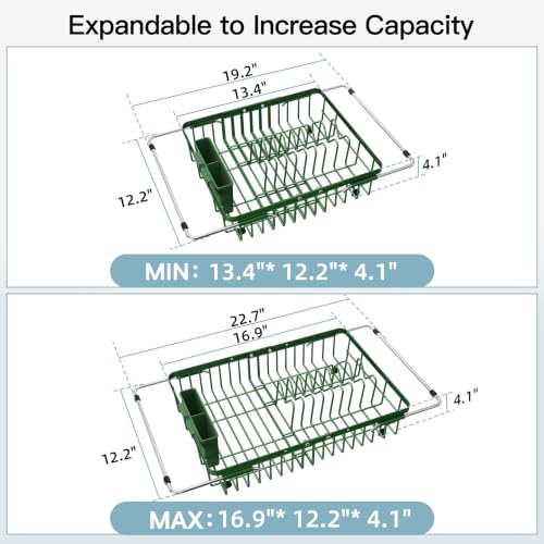 Green Dish Drying Rack Over the Sink with Utensil Holder (Green / For 12.5"-30"w Sink, Expandable)