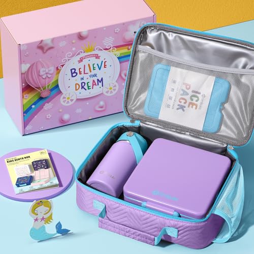 Kids Bento Lunch Box with Toddler Insulated Water Bottle Lunch Bag (A9. Cotton Candy)