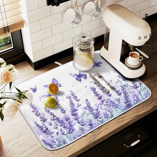Purple Lavender Spring Summer Flower Floral Dish Drying Mat for Kitchen Counter Absorbent Microfiber Large Drying Pad Dish Mats for Kitchen Countertops 18 x 24 Inch (24" x 18")