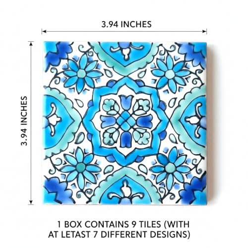 Set of 9 Decorative Ceramic Tiles (Turquoise & Blue / 4" x 4" (9 Tiles - 1 Sq Ft))