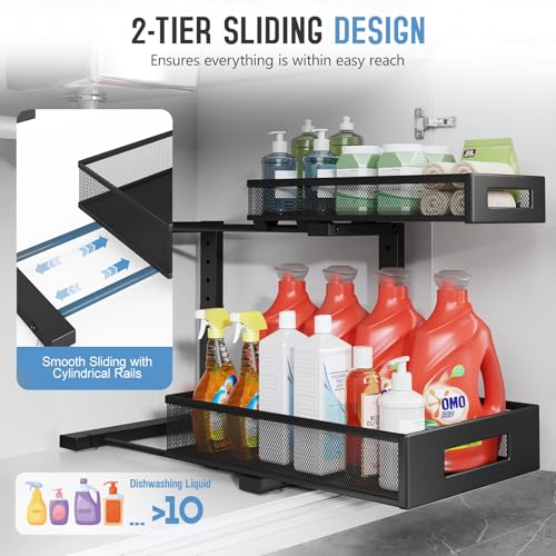 1 Pack-11.4"-16.14"H Under Sink Storage Organizer, Large 2-Tier Elegant Mesh Pull Out Shelf for Kitchen and Bathroom Cabinet Organization, L-Shaped and Adjustable Height Design for Maximum Space-Black (Black / 1 Pack-15.74"Dx11.4"-16.14"H)
