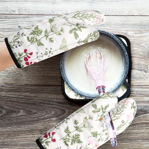 Floral Oven Mitts and Pot Holders Sets Wildflower Oven Gloves Heat Resistant 4 Pcs Pretty Decorative Kitchen Hot Pads and Mitts for Baking Cooking Grilling (White)