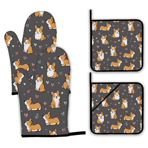 Cute Corgi Dog Oven Mitts and Pot Holders (4 Count)
