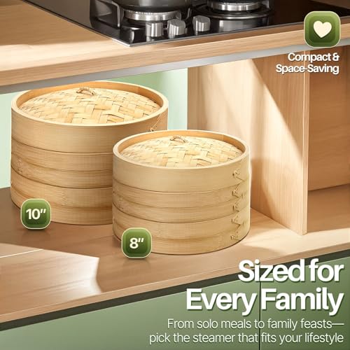10 Inch Bamboo Steamer Basket Set for Dumplings and Dim Sum