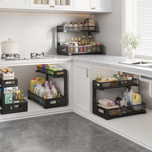 2 Pack 17IN Depth Under Sink Storage Organizer (Black / 2 Pack-17"Dx11.4"-16.14"H)
