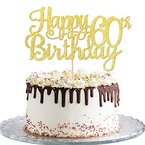 1 PCS Happy 60th Birthday Cake Topper Gold Glitter Cheers to 60 Years Birthday Cake Pick 60 Fabulous Cake Decoration for Happy 60th Birthday Anniversary Party Decorations Supplies (Gold / 60th)