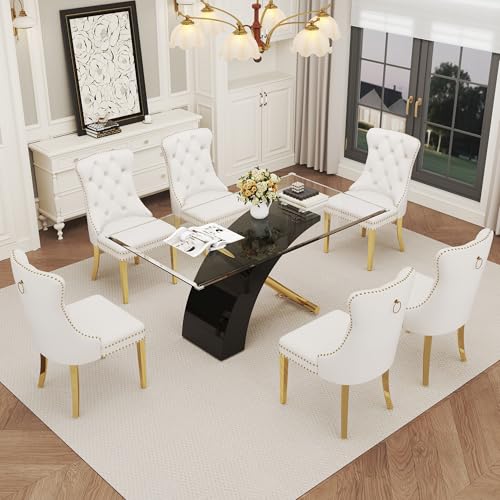 7 Piece Glass Dining Table Set for 6 (Black Table & Gold White Chair / 7-Piece Set-X-Shaped Table)