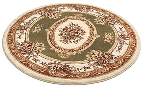Timeless Collection Le Petit Palais Green 5' Foot Round Luxurious Traditional French Medallion Oriental Area Rug Living Room Bedroom Dining Room Easy (5'3" (Round) / Green)