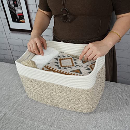 Woven Cotton Rope Storage Baskets 15x10x9.3" 3 Pack White and Brown (white and brown)