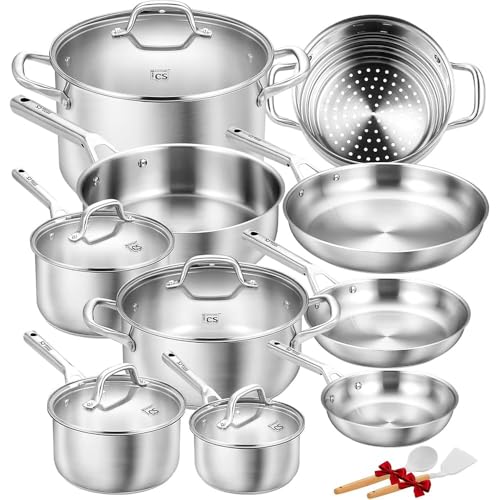 Stainless Steel Cookware Set 17 Piece with 5 Layer Base (Silver / 17 Pcs)