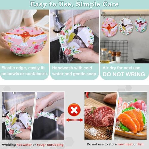 5Pcs Reusable Beeswax Elastic Bowl Covers for Bread Proofing and Food Cover (Floral Bird)