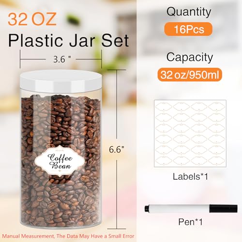 32 OZ Plastic Jars with Lids (32OZ 16Pcs White)