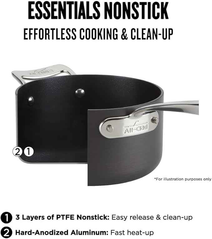 All-Clad Essentials Hard Anodized Nonstick Sauce Pan Set 4 Piece, 8, 10.25 Inch, 4 Quart Oven Broiler Safe 500F Pots and Pans, Cookware Black