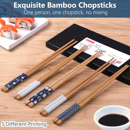 5 Pairs Bamboo Chopsticks Reusable Chop Sticks Japanese Style Bamboo Chopstick with Black Box Lightweight 8.8 Inch (Blue & White)